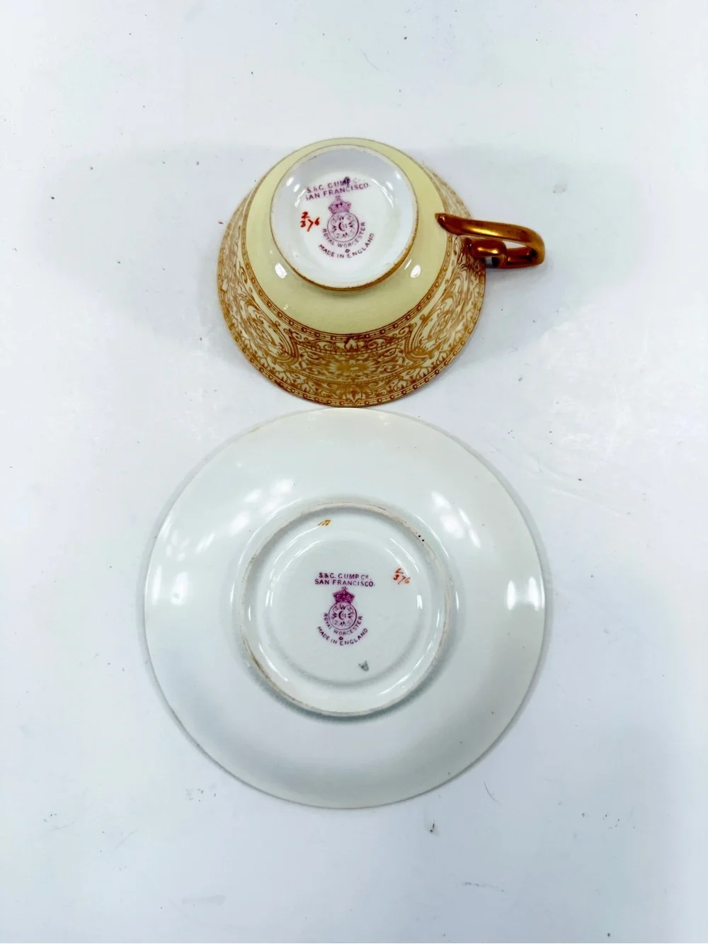 RARE Antique Royal Worcester Cranberry Gold Teacup Cup Saucer Set Gump’s 1929